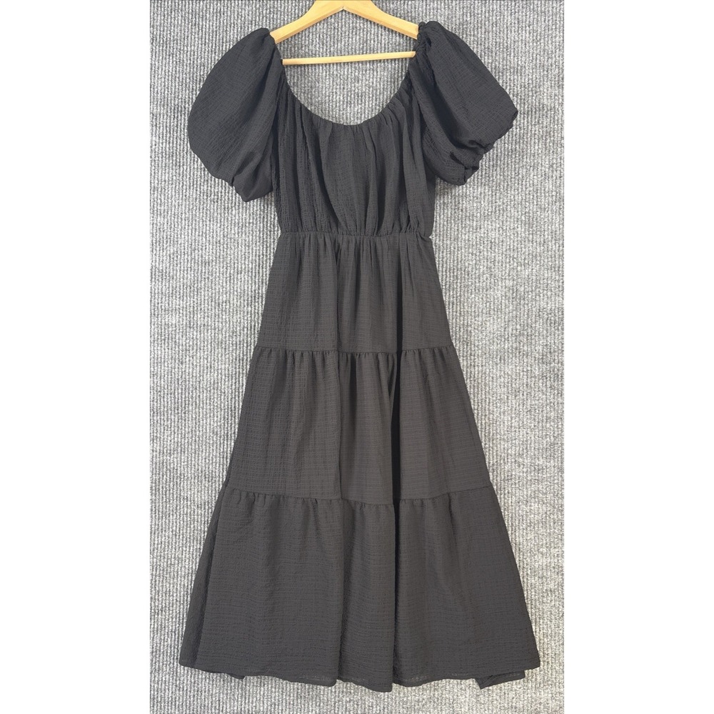 ASTR The Label Black Tiered Puff Sleeve Midi Dress Boho Goth Romantic Prairie S - Picture 2 of 9